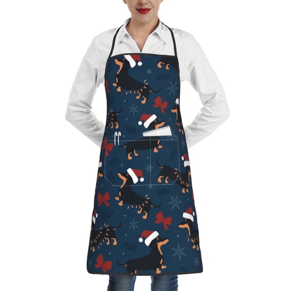 Fuzoiu Christmas Dachshund Print Kitchen Cooking Aprons,Kitchen Cooking BBQ Aprons,Chef Apron with 2 Pockets for Men Women,Art Aprons for Painting Pottery Ceramics