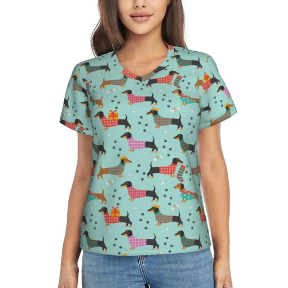 Fuzoiu Christmas Dachshund Print Women's Classic V-Neck T-Shirt, Short Sleeve V Neck Tees for Casual Everyday Wear,Casual Fit Tee,Summer Fashion Tops-Small