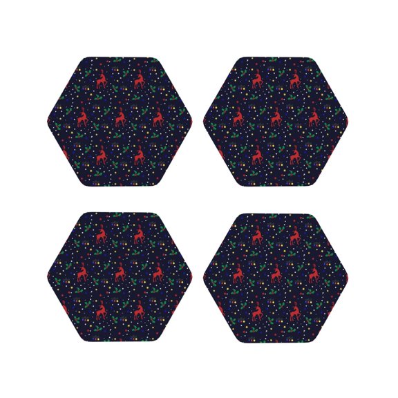 Fuzoiu Christmas Deer Print Leather Coasters Set,Drink Coasters Set of 4,for Tabletop Protection, Durable PVC Coasters,Home Décor and Housewarming Gift-Hexagon