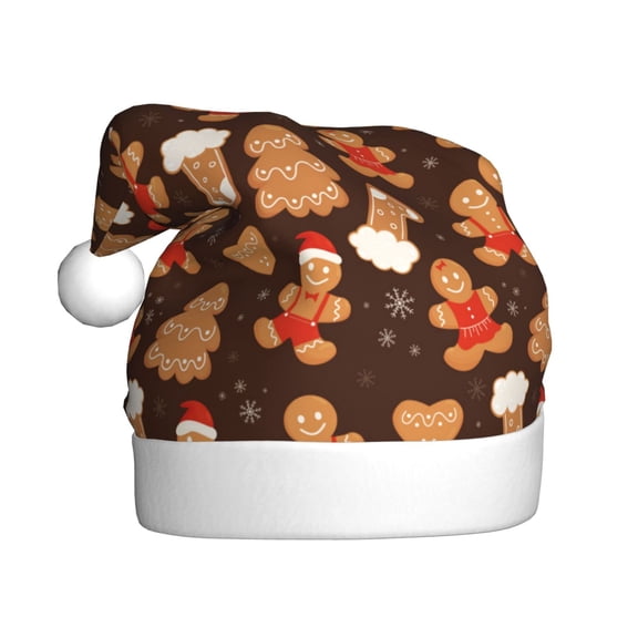Fuzoiu Christmas Gingerbread Cookies Print Santa Hat Christmas Hat for Adults,Santa Hats with Pompom, Unisex Xmas Holiday Hat for Christmas New Year Festive Party Supplies
