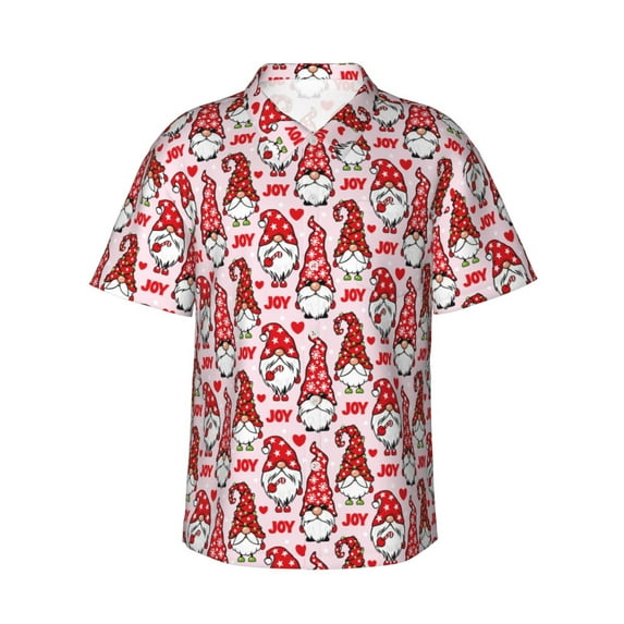 Fuzoiu Christmas Gnome Print Hawaiian Shirt for Men, Summer Beach Casual Short Sleeve Button Down Shirts, Men’s Beach Summer Shirts with Pocket,X-Large