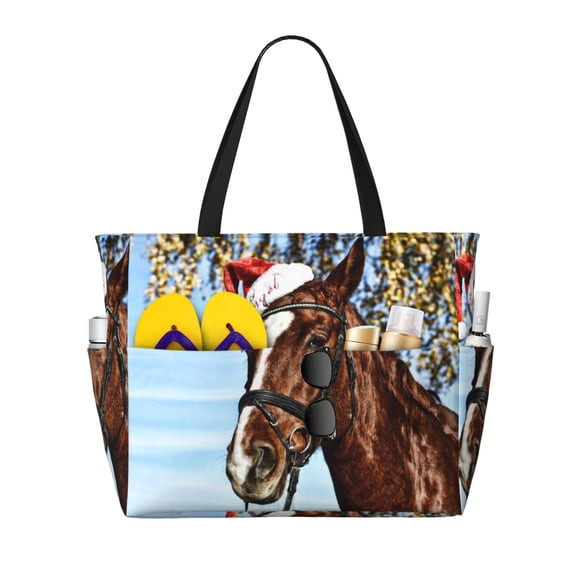 Fuzoiu Christmas Horse Print Waterproof Beach Tote Bag for Women Girls with Zipper,Sandproof Pool Swim Bag,Large Capacity Beach Travel Bag for Pool Swim Travel Everyday