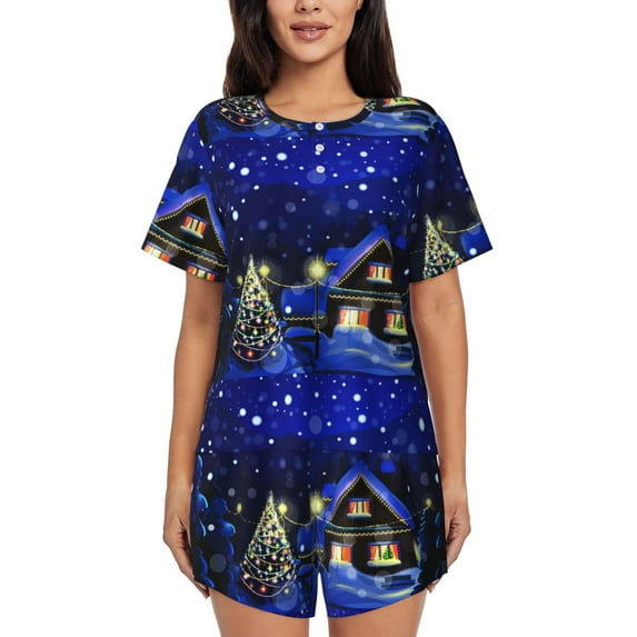 Fuzoiu Christmas Night Print Women's Short-Sleeved Pajama Set,Lounge Sleepwear Set,Womens Pajama Sets 2 Piece,Button-Up Top and Shorts with Pockets-X-Large