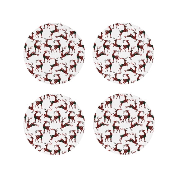 Fuzoiu Christmas Plaid Moose Print Leather Coasters Set,Drink Coasters Set of 4,for Tabletop Protection, Durable PVC Coasters,Home Décor and Housewarming Gift-Round Shape