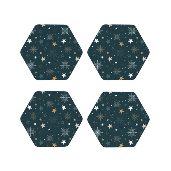 Fuzoiu Christmas Snowflake Print Leather Coasters Set,Drink Coasters Set of 4,for Tabletop Protection, Durable PVC Coasters,Home Décor and Housewarming Gift-Hexagon