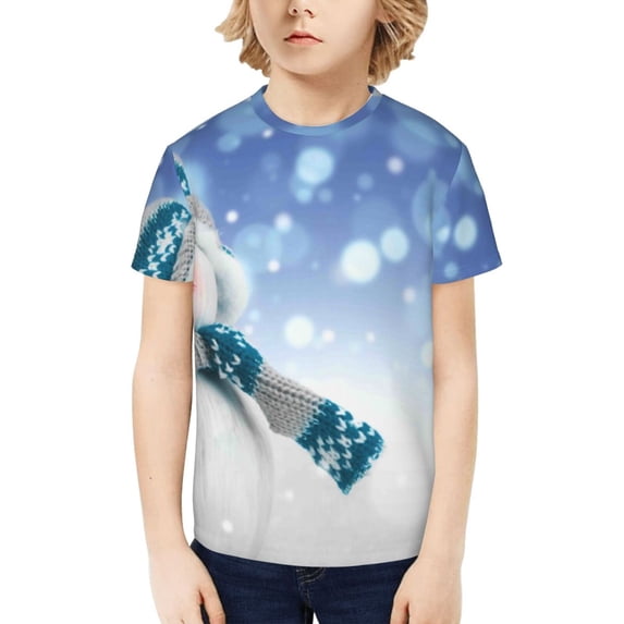 Fuzoiu Christmas Snowman In The Snow Print Boys' Casual T-Shirt,Crewneck Undershirts,Boys Athletic Shirt,Short Sleeve T-Shirts for Outdoor Play