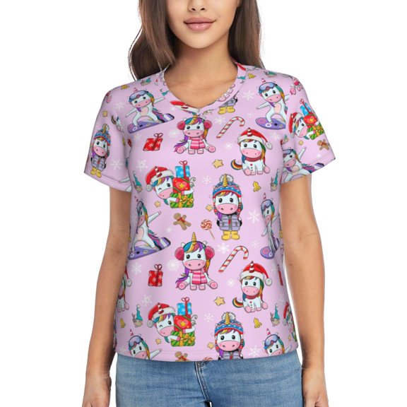 Fuzoiu Christmas Unicorns Print Women's Classic V-Neck T-Shirt, Short Sleeve V Neck Tees for Casual Everyday Wear,Casual Fit Tee,Summer Fashion Tops-Small