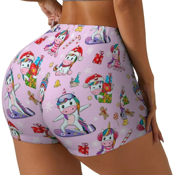 Fuzoiu Christmas Unicorns Print Women's Workout Shorts,Workout Biker Shorts Women,Exercise Fitness Shorts,Scrunch Short, Athletic Shorts for Gym Yoga Running Sport Active-XX-Large
