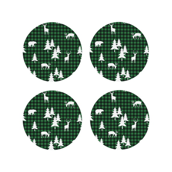 Fuzoiu Christmas tree green plaid Print Leather Coasters Set,Drink Coasters Set of 4,for Tabletop Protection, Durable PVC Coasters,Home Décor and Housewarming Gift-Round Shape