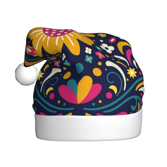 Fuzoiu Cinco De Mayo Floral Print Santa Hat Christmas Hat for Adults,Santa Hats with Pompom, Unisex Xmas Holiday Hat for Christmas New Year Festive Party Supplies