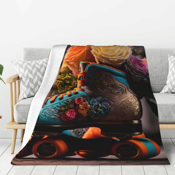 Fuzoiu Classic Floral Blue Skate Shoes Print Flannel Throw Blanket,Light Weight Warm Decorative,Throw Blanket Cover for Sofa, Couch, Bedroom,Travel-60"x50"
