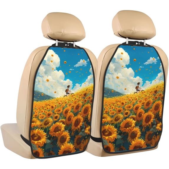 Fuzoiu Clear Sky Sunflower Print 2 Pack Kick Mat Back Seat Protector With 3 Storage Pockets, Universal Car Seat Back Organizer For Kids Pets, Waterproof Backseat Protector For Most Car