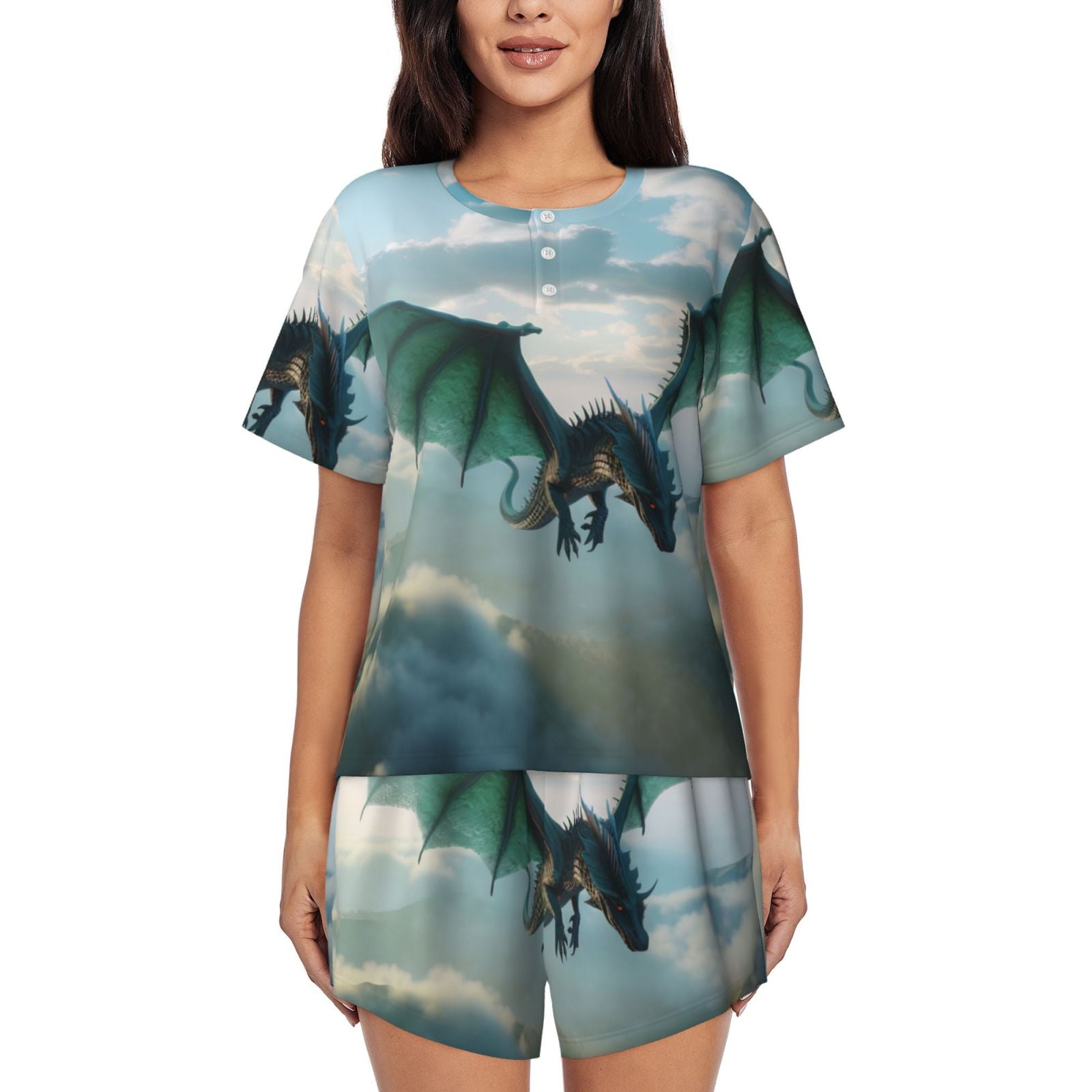 Fuzoiu Cloud Sky Green Dragon Print Women's Short-Sleeved Pajama Set ...