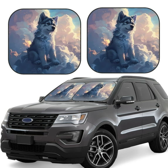Fuzoiu Cloud Wolf Print Car Windshield Sunshade,Folding Front Windshield Sun Shade,for Most Car Sedan SUV Truck,Car Windshield Sunshade-Large