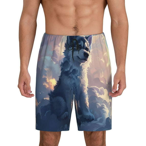 Fuzoiu Cloud Wolf Print Pajama Shorts for Men, Men's Pajama Bottoms,Mens Lounge Sleepwear,Pajama Pants with Pocket-Medium