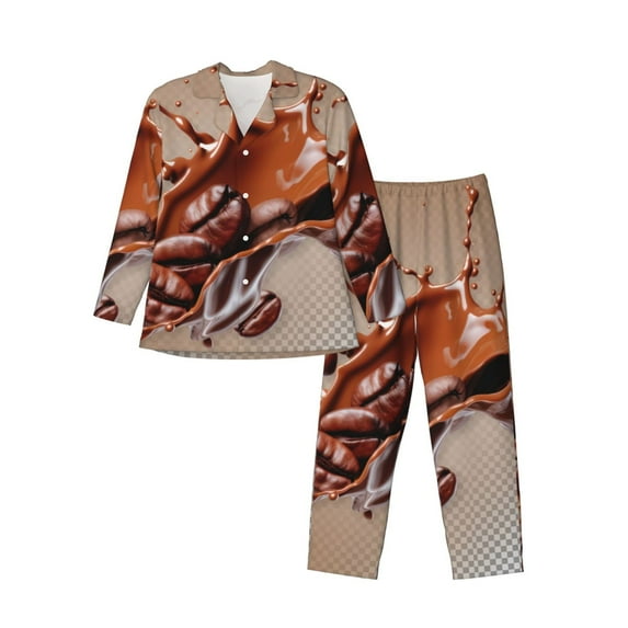 Fuzoiu Coffee Beans Chocolate Splash Print Men's Long-Sleeved Pajama,Lounge Button Down Nightwear,Mens Notch Collar Pajama Set -X-Large