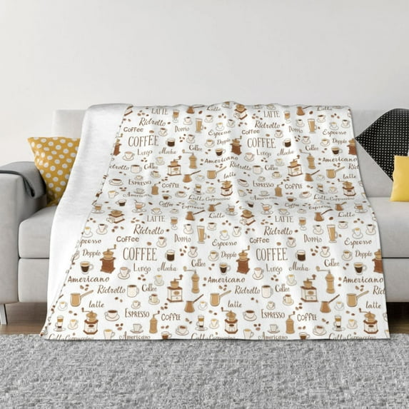 Fuzoiu Coffee Print Flannel Blanket,Throw Blanket,Flannel Home Decor,Fleece Bed Blankets,Cozy Soft Blanket for Bed, Sofa, Camping, and Travel-60"x50"