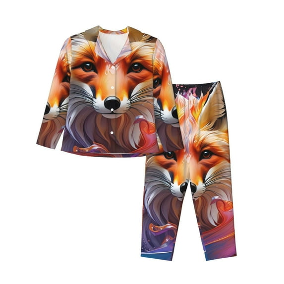 Fuzoiu Color Splash Fox Portrait Print Women's Long-Sleeved Pajama,Lounge Button Down Nightwear,Womens Notch Collar Pajama Set-