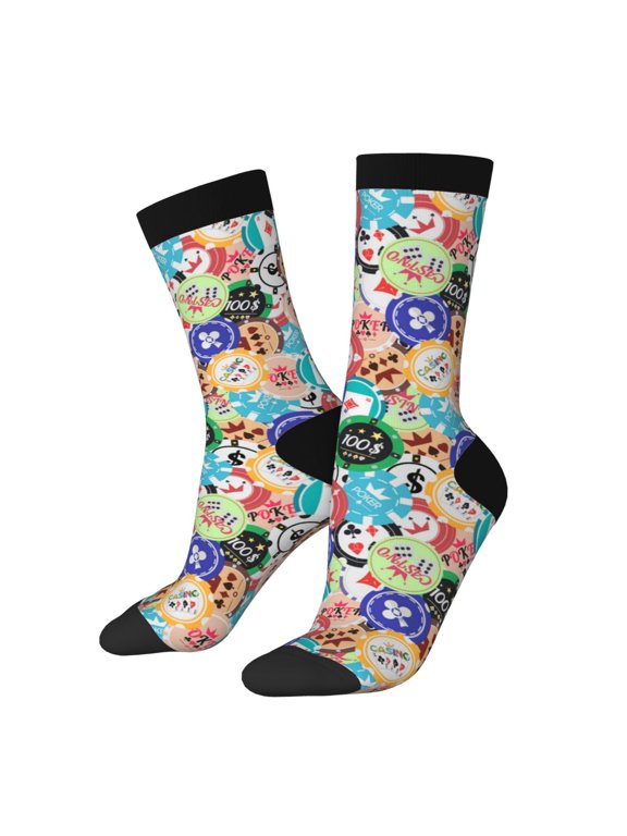 Colored Casino Chips Print Athletic Crew Socks for Men & Women,Casual Crew Socks,Above Ankle Crew Socks for Business, Casual