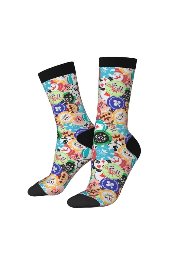 Colored Casino Chips Print Athletic Crew Socks for Men & Women,Casual Crew Socks,Above Ankle Crew Socks for Business, Casual