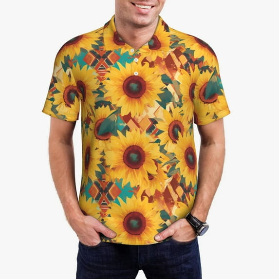 Fuzoiu Colorful Bohemian Sunflower Print Men's Polo Shirts Short Sleeve,Golf Shirts for Men,Mens Golf Shirt Moisture Wicking Quick-Dry-X-Large