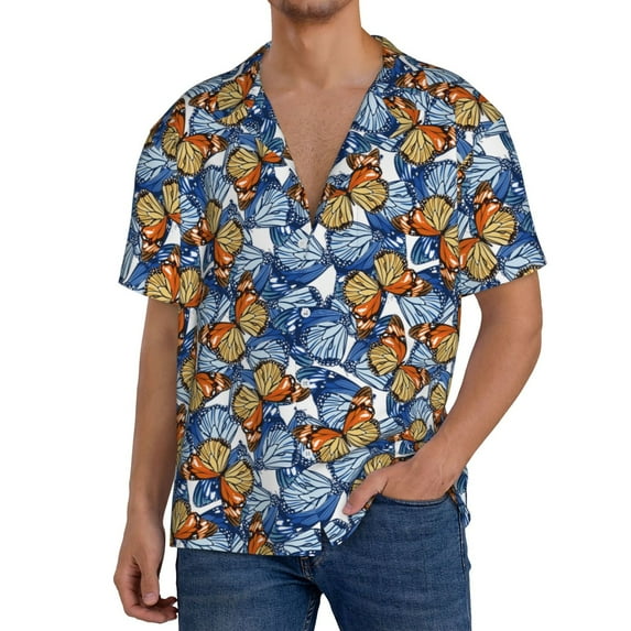 Fuzoiu Colorful Butterfly1 Print Men's Casual Short,Men's Short Sleeve Shirt,Mens Casual Button Down Shirts,Cuban Collar Summer Shirt for Beach, Vacation, and Outdoor Activities-Large