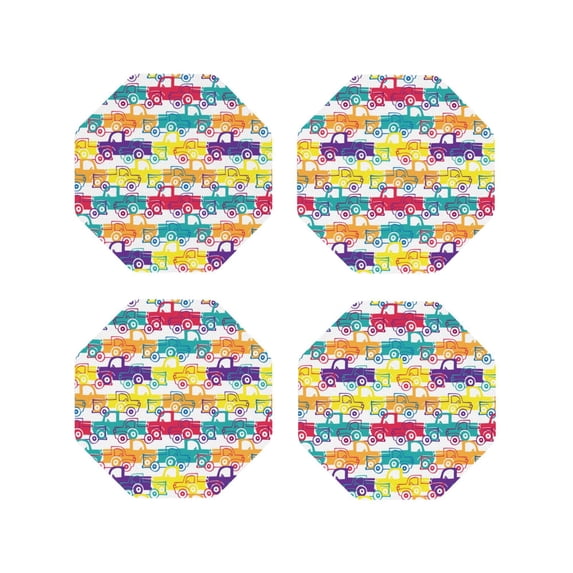 Fuzoiu Colorful Car Print Leather Coasters Set,Drink Coasters Set of 4,for Tabletop Protection, Durable PVC Coasters,Home Décor and Housewarming Gift-Octagon