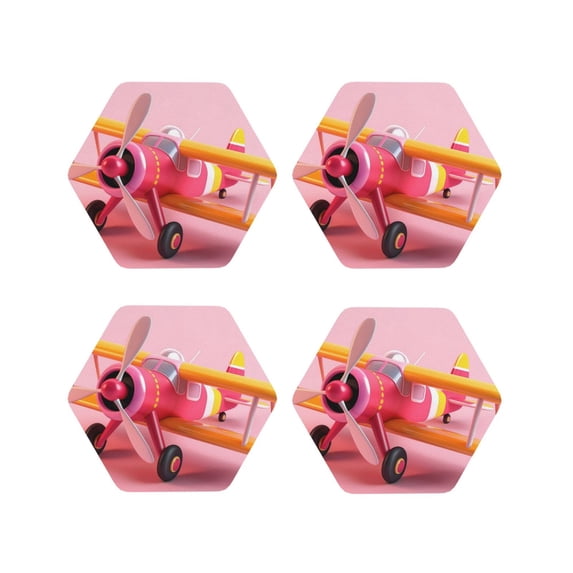 Fuzoiu Colorful Cartoon Biplane Print Leather Coasters Set,Drink Coasters Set of 4,for Tabletop Protection, Durable PVC Coasters,Home Décor and Housewarming Gift-Hexagon