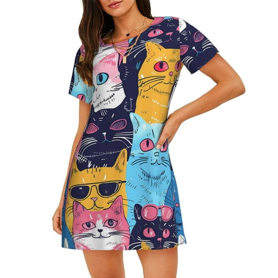 Fuzoiu Colorful Cats Pattern Art Print Women Nightgowns, Soft Comfy Lightweight Short Sleeves Sleepwear,Crew Neck Loungewear