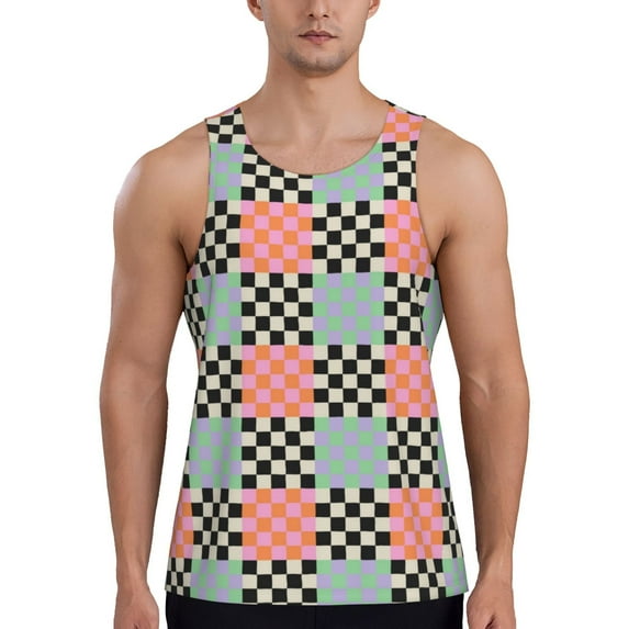 Fuzoiu Colorful Checkered Print Men's Workout Tank Tops,Sleeveless Gym Shirt Quick Dry,Fitness Bodybuilding T-Shirt,Muscle Athletic Workout Tee-3X-Large