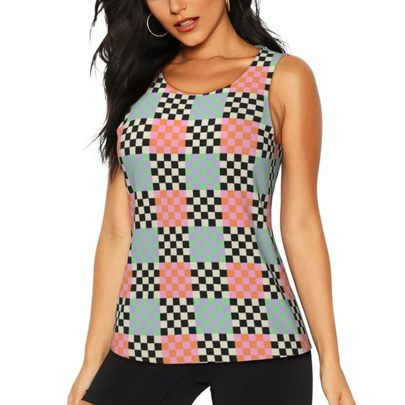 Fuzoiu Colorful Checkered Print Women's Workout Tank Top,Athletic Racerback Sports Tank,Tops Sleeveless Running Loose Fit Yoga Tops,Active Shirts for Yoga, Running, and Gym-Small