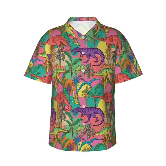 Fuzoiu Colorful Dinosaur Print Hawaiian Shirt for Men, Summer Beach Casual Short Sleeve Button Down Shirts, Men’s Beach Summer Shirts with Pocket,3X-Large