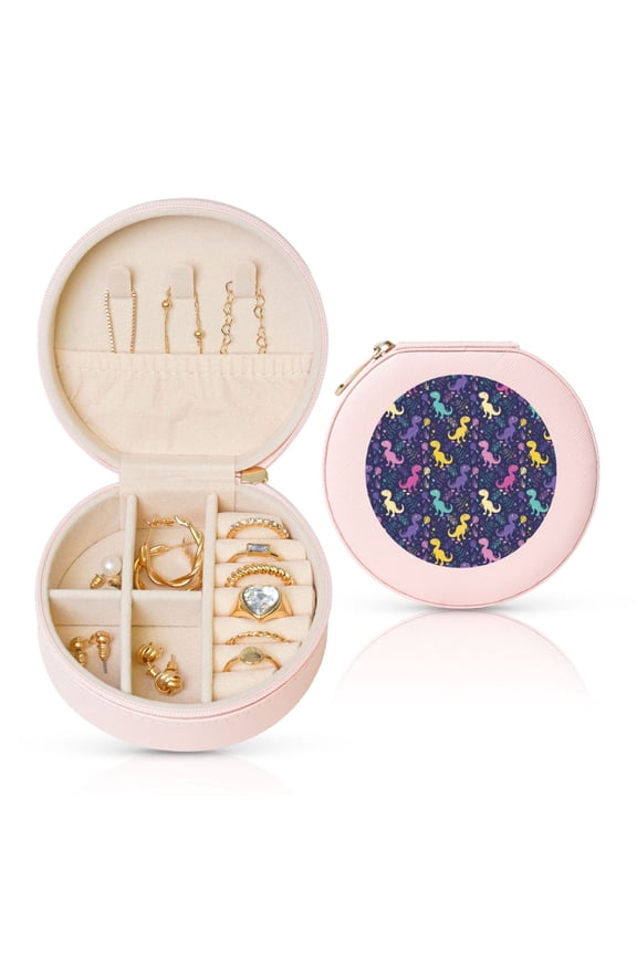 Colorful Dinosaur Print Portable Jewelry Box,Round Mini Leather Travel Jewelry Case,Small Travel Jewelry Organizer,Jewelry Holder for Ring Necklace Earring for Women Girls-Pink