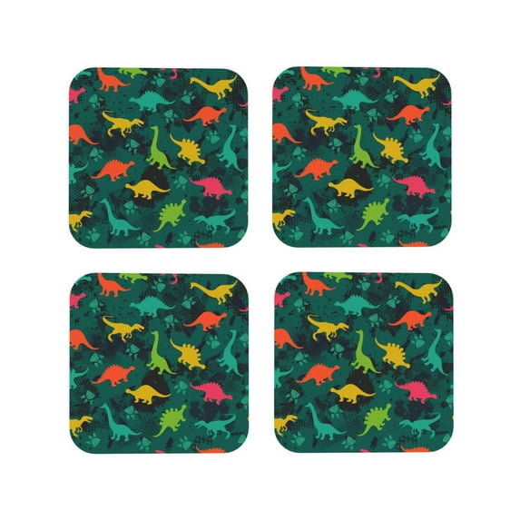 Fuzoiu Colorful Dinosaurs Print Leather Coasters Set,Drink Coasters Set of 4,for Tabletop Protection, Durable PVC Coasters,Home Décor and Housewarming Gift-Square