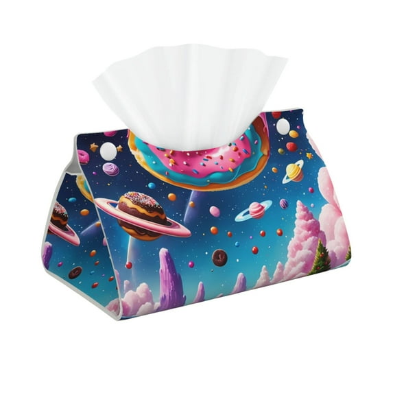 Fuzoiu Colorful Donut Print Tissue Box Cover, PU Leather Tissue Holder,Decorative Facial Paper Organizer for Bathroom Living Room Bedroom Countertop Office Desk Car Home