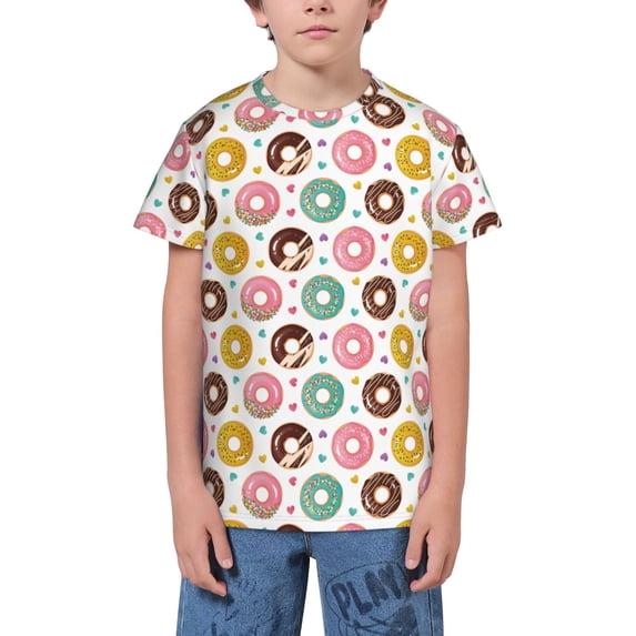 Fuzoiu Colorful Donuts Print Youth Short Sleeve T-Shirt,Youth Dry-Fit Active Athletic T-Shirt,Short Sleeve Tops Tees for School, Sports, and Casual Wear