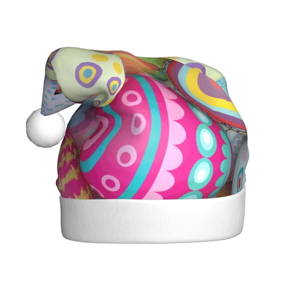 Fuzoiu Colorful Easter Eggs Print Santa Hat Christmas Hat for Adults,Santa Hats with Pompom, Unisex Xmas Holiday Hat for Christmas New Year Festive Party Supplies