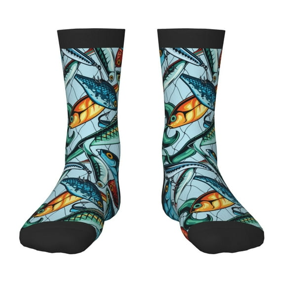 Fuzoiu Colorful Fishing Baits Print Kids Socks For Boys Girls,Grip Crew Socks with Non Slip,Lightweight Stretch Crew Socks,Toddlers Crew Boot Socks