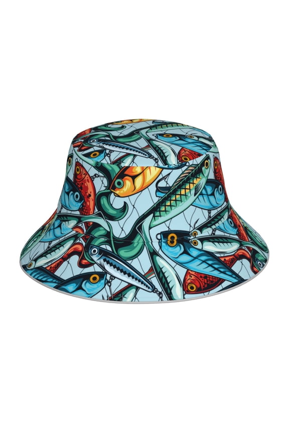 Colorful Fishing Baits Print Reflective Bucket Hat,Outdoor Hat for Men and Women,Bucket Hat for Travel Fishing Hunting Summer Camp