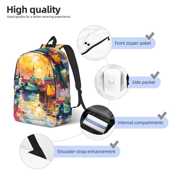 Fuzoiu Colorful Fishing Boats Print Canvas Backpack,Lightweight Travel Daypack,School Backpack Purse for Women Men, Casual Aesthetic Backpack