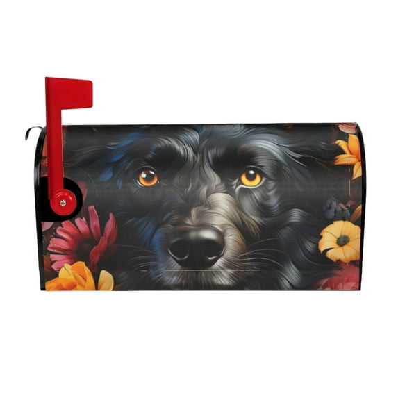 Fuzoiu Colorful Floral Black Dog Print Decorative Waterproof Mailbox Cover,Welcome Magnetic Mailbox Cover, Post Letter Box Wrap Cover for Outdoor Decor -21x18 in