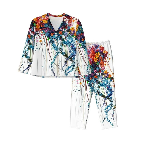 Fuzoiu Colorful Floral Jellyfish Print Women's Long-Sleeved Pajama,Lounge Button Down Nightwear,Womens Notch Collar Pajama Set-Medium