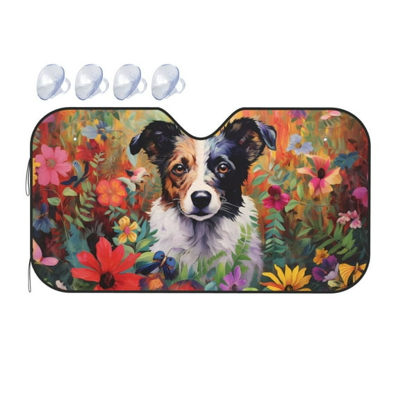 Fuzoiu Colorful Flower Dog Print Car Windshield Sunshade,Foldable Reflective Sun Visor,Windshield Sun Shade,UV Rays Sun Visor Shade,Auto Front Sun Shield Shade-Medium