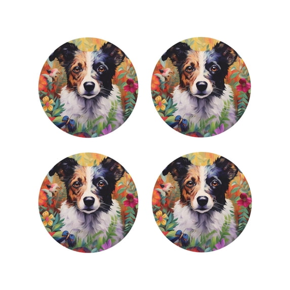 Fuzoiu Colorful Flower Dog Print Leather Coasters Set,Drink Coasters Set of 4,for Tabletop Protection, Durable PVC Coasters,Home Décor and Housewarming Gift-Round Shape