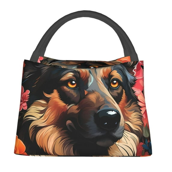 Fuzoiu Colorful Flower German Shepherd Print Portable Insulation Lunch Bag,Large Lunch Box,Container Reusable Leakproof Tote for Work, Travel, and Outdoor Activities