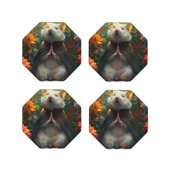 Fuzoiu Colorful Flower Meditating Hamster Print Leather Coasters Set,Drink Coasters Set of 4,for Tabletop Protection, Durable PVC Coasters,Home Décor and Housewarming Gift-Octagon