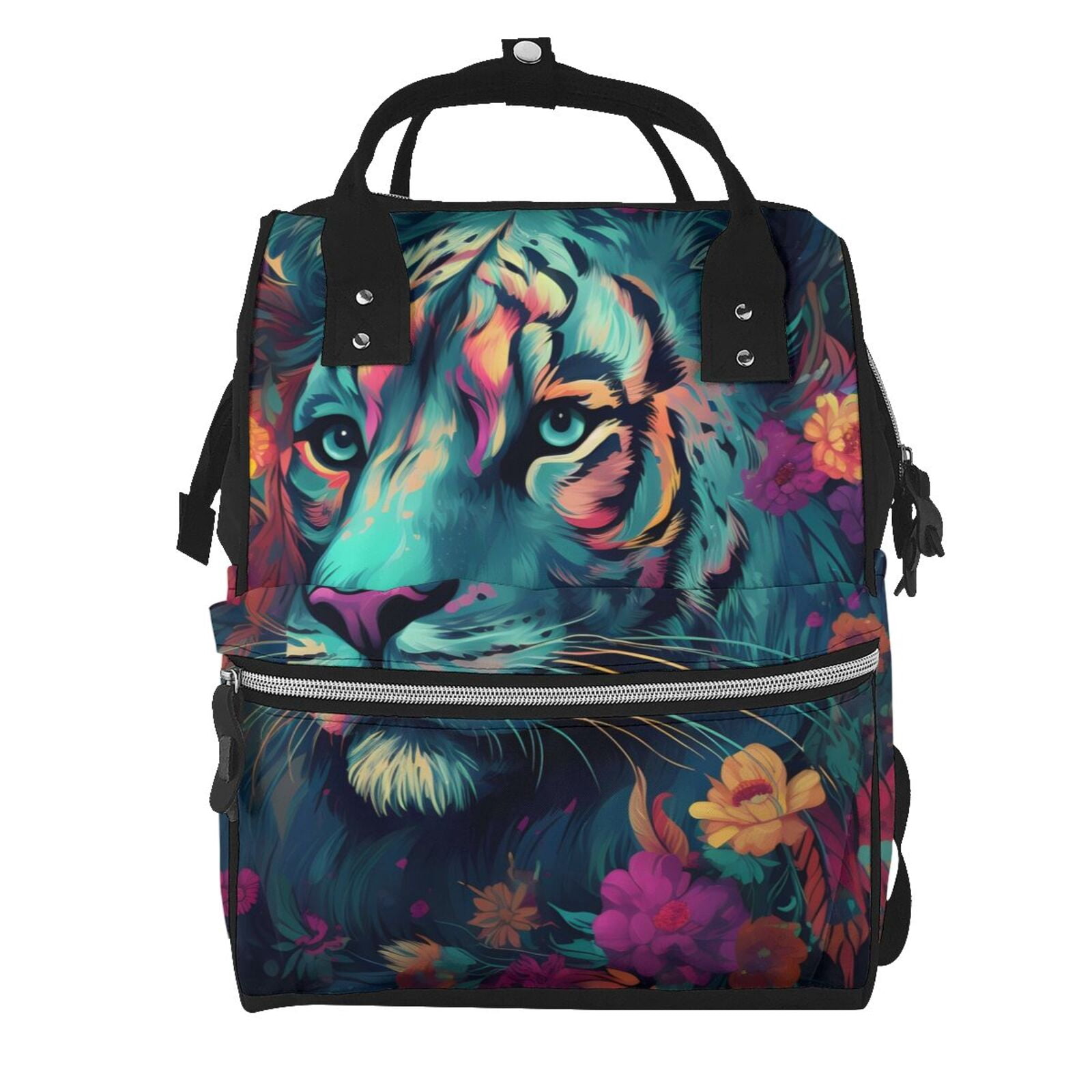 Fuzoiu Colorful Flower Tiger Print Diaper Bag Backpack,Baby Essentials Travel Tote,Multi function Waterproof Diaper Bag, Travel Essentials Baby Bag - Unisex