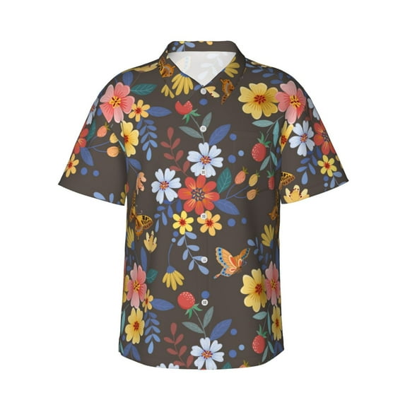 Fuzoiu Colorful Flowers with Butterfly Print Hawaiian Shirt for Men, Summer Beach Casual Short Sleeve Button Down Shirts, Men’s Beach Summer Shirts with Pocket,3X-Large