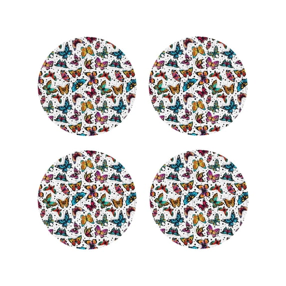Fuzoiu Colorful Flying Butterflies Print Leather Coasters Set,Drink Coasters Set of 4,for Tabletop Protection, Durable PVC Coasters,Home Décor and Housewarming Gift-Round Shape