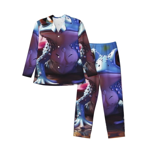 Fuzoiu Colorful Frog Among Flowers Print Men's Long-Sleeved Pajama,Lounge Button Down Nightwear,Mens Notch Collar Pajama Set -Large